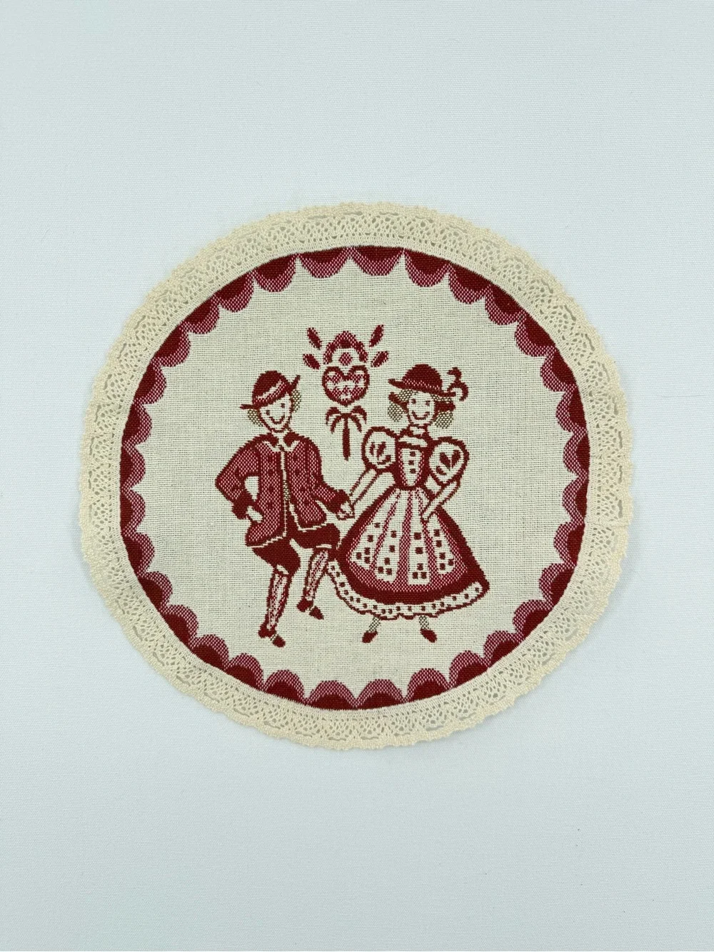 Vintage Austrian Folk Art Round Table Doily Red Cream Alpine Lace Trim
